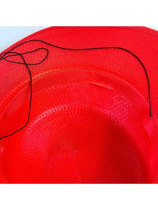 Red Wide Brim Hat Flat Top Church Fashion VTG Layered Lace Bow Derby Fascinator